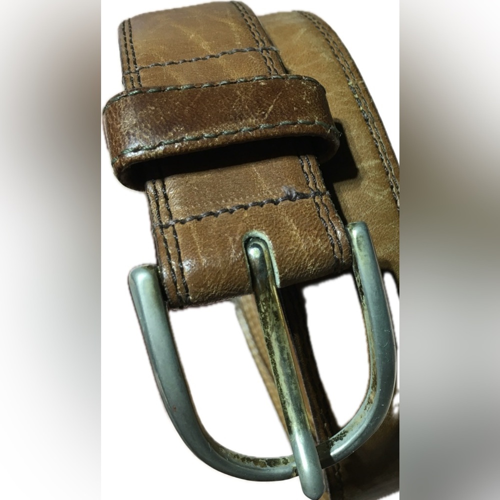 YSL Leather Belt Gold Tone Buckle Tan Men's 38